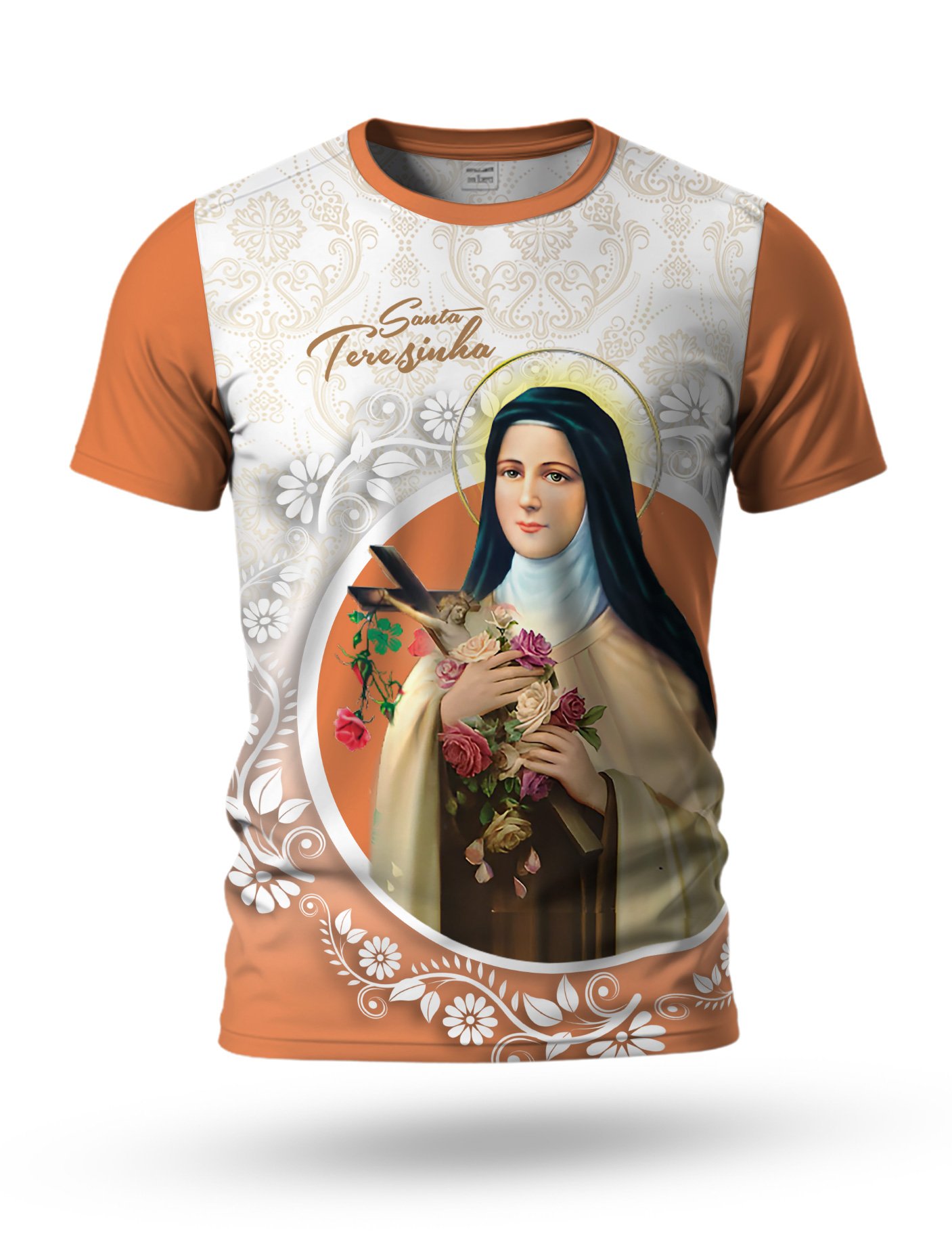 Arte camiseta de Santa Teresinha 05 tema branco e laranja